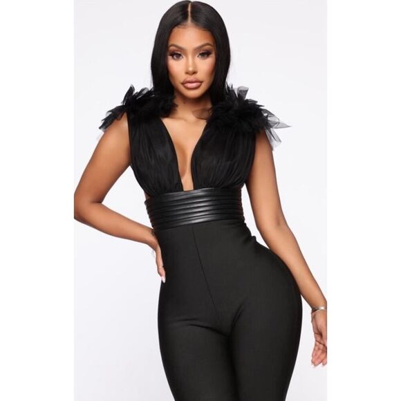 Fashion Nova Black Bandage Jumpsuit Tulle Detail Faux Leather Waistband L - Picture 2 of 12